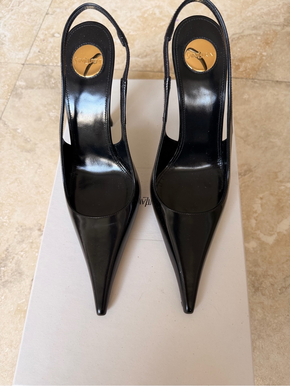 Saint Laurent Black Patent Pointed Slingback Pumps with Gold Medallion - Picture 5 of 5